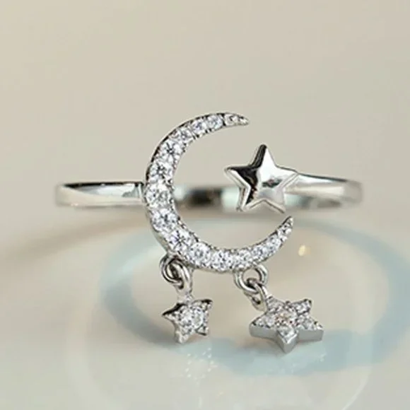 925 Sterling Silver Dangle Moon & Star Ring Minimalist Dainty Celestial … - Picture 5 of 7